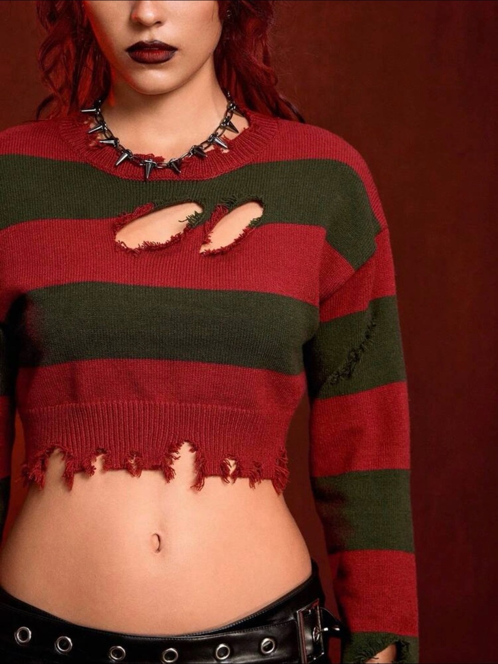 Freddy Kruger Striped Red & Green Distressed Cropped Sweater Top